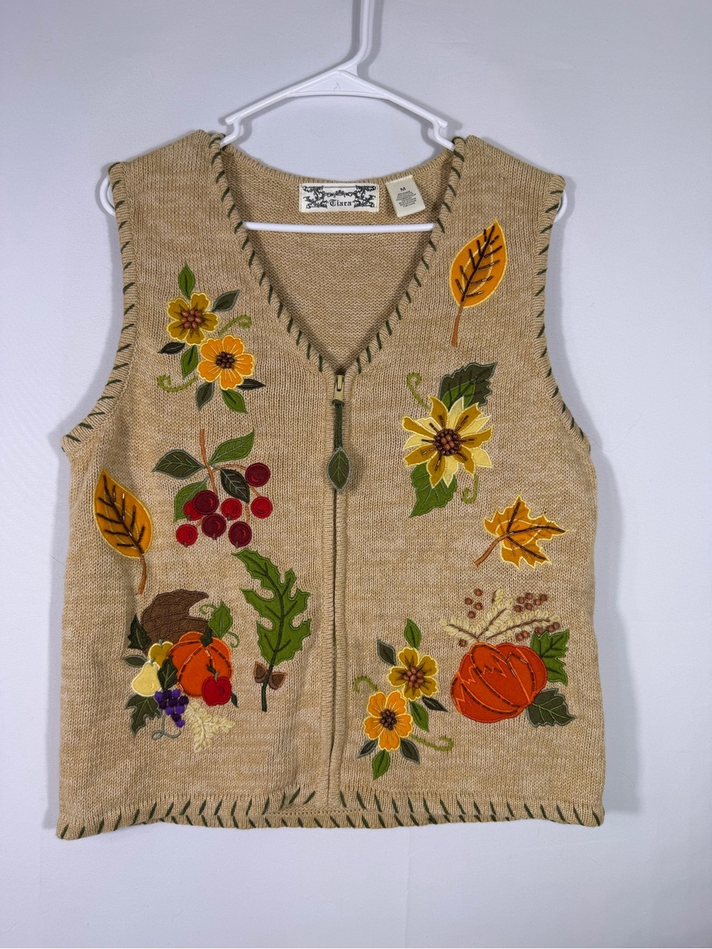 Tiara Fall Harvest Pumpkin Embellished Zip Front Sweater Vest Grandmacore Medium
